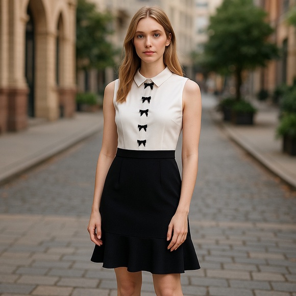 Karl Lagerfeld Dresses & Skirts - Karl Lagerfield  Scuba Crepe Colorblock Sheath Dress with Bows and Flounce Hem